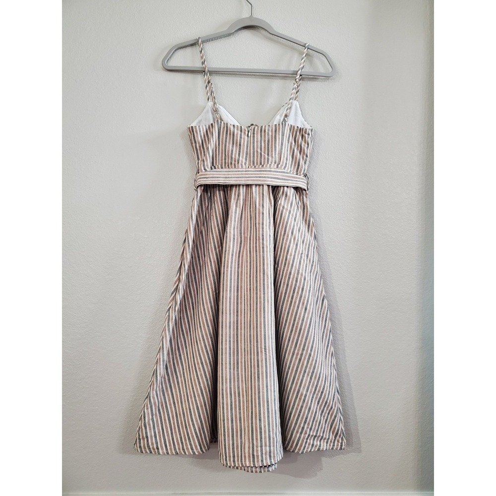 Indikah Striped Lace Up Midi Dress Neutral Tan Blue Herringbone XS - Picture 5 of 10